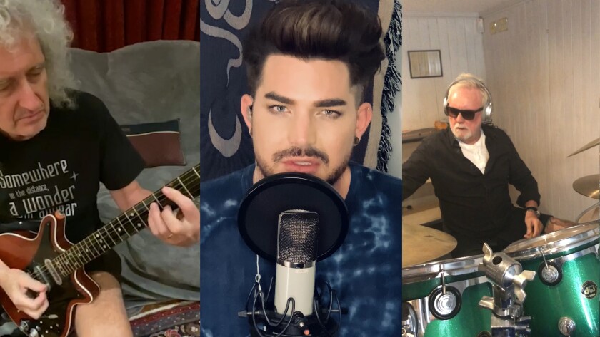Adam Lambert, center, who grew up in Rancho Peñasquitos, remotely recorded a slightly re-worded version of "We Are The Champions" from his home in Los Angeles, collaborating with Queen's Brian May, left, and Roger Taylor, right. The new "You Are The Champions" honors and benefits health care workers.