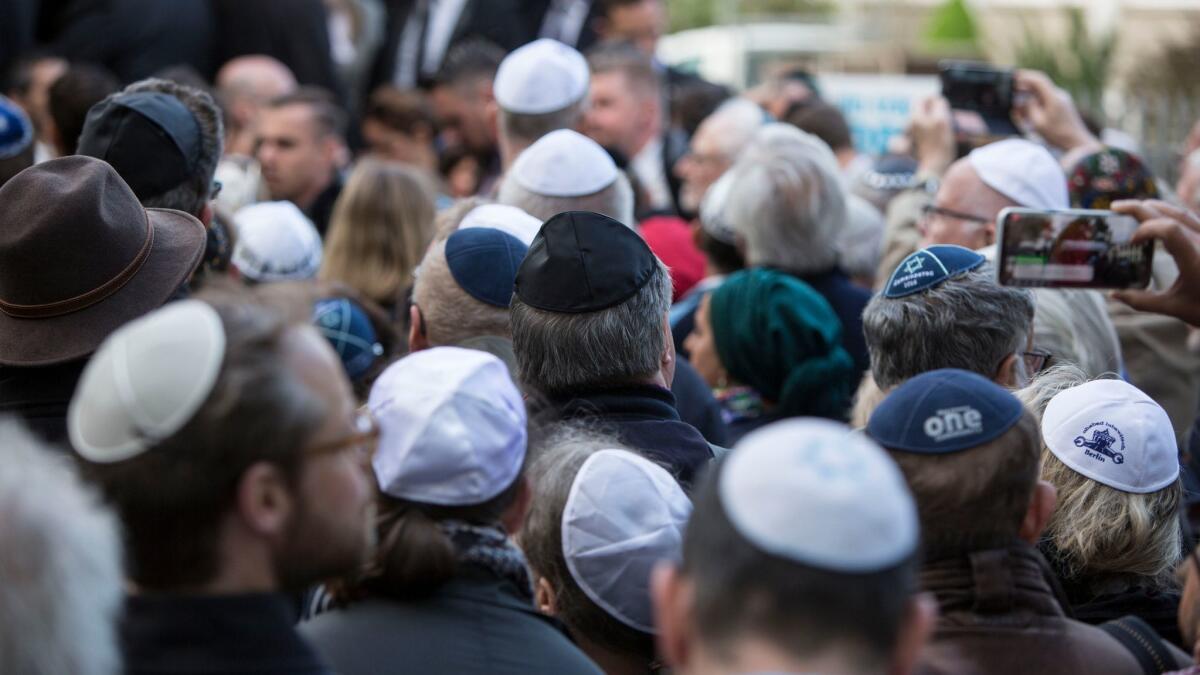 Hundreds of people in Germany, many of them wearing yarmulkes, participated in protests against anti-Semitism on April 25, 2018.