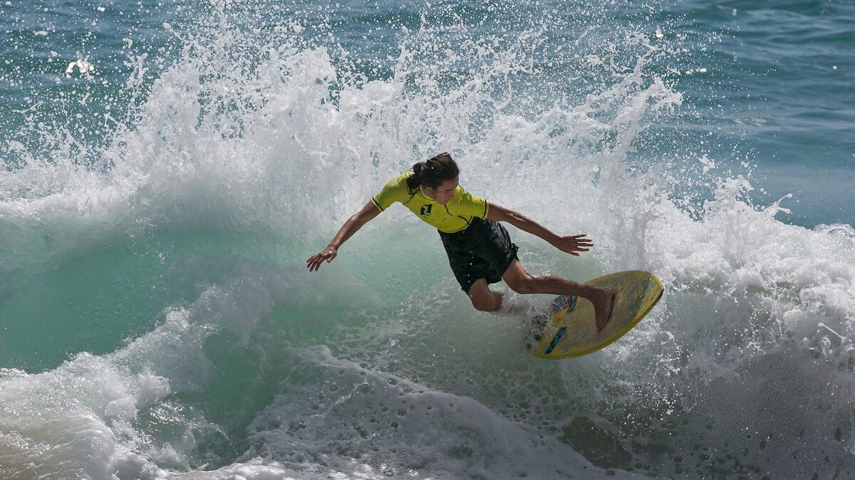 Ethan Vinograd of Laguna Beach claimed the 18-21 division title at the World Championships of Skimboarding Sunday at Aliso Beach Park.
