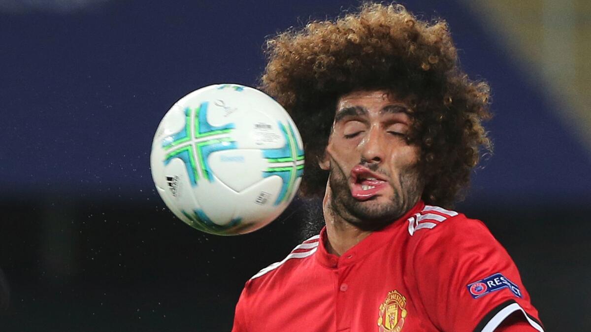 Marouane Fellaini plays for Manchester United against Real Madrid during the UEFA Super Cup final on Aug. 8 in Skopje, Macedonia.