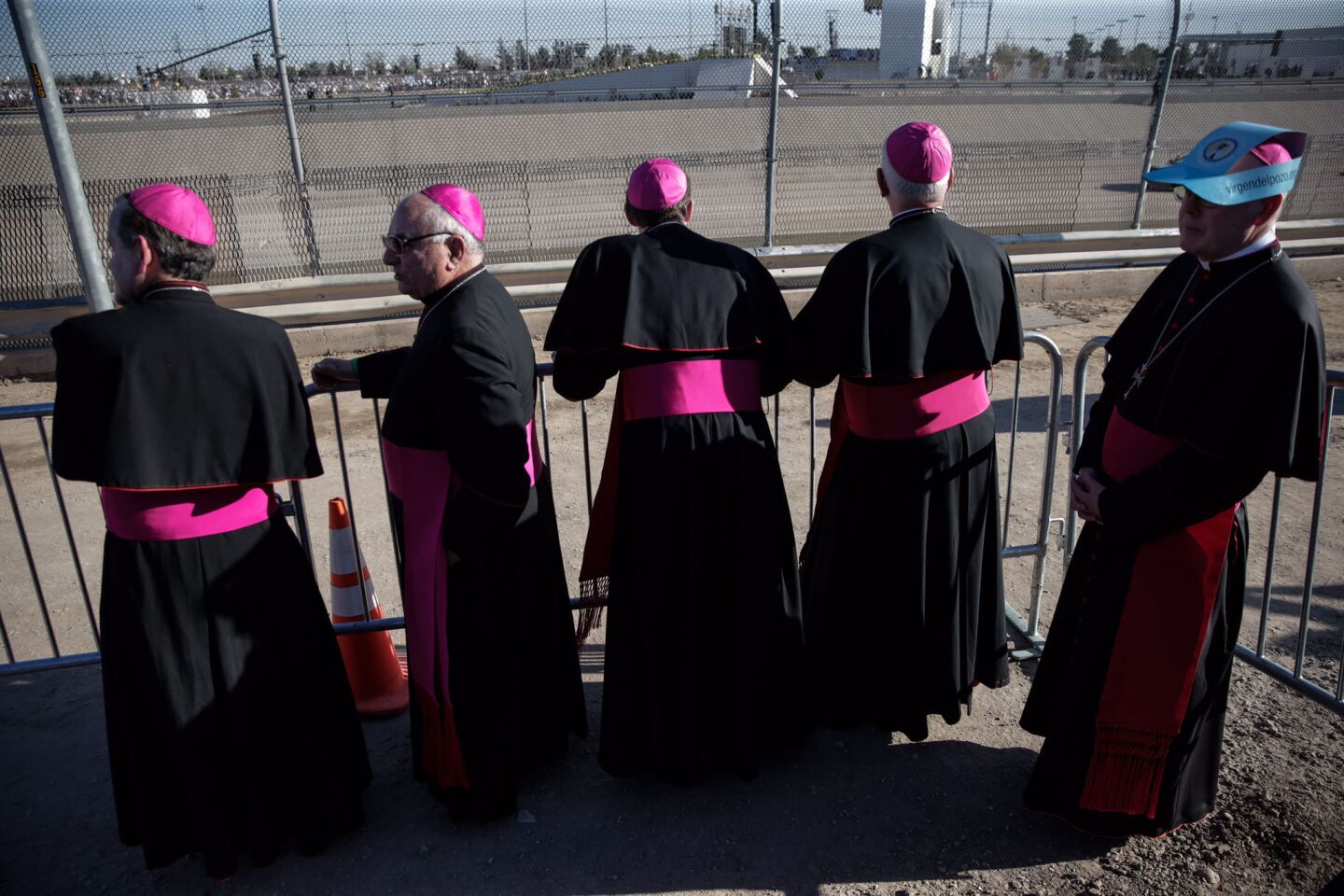 Bishops look across the Rio Grande toward the altar in Ciudad Juarez, Mexico, where Pope Francis celebrated a Mass on Wednesday.
