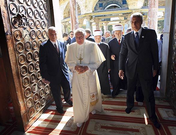 Pope Benedict XVI visits Al Aqsa Mosque in the hilltop compound in Jerusalem known to Jews as Temple Mount and to Muslims as Noble Sanctuary. The pope urged Palestinians and Israelis to embark upon "a sincere dialogue aimed at building a world of justice and peace."