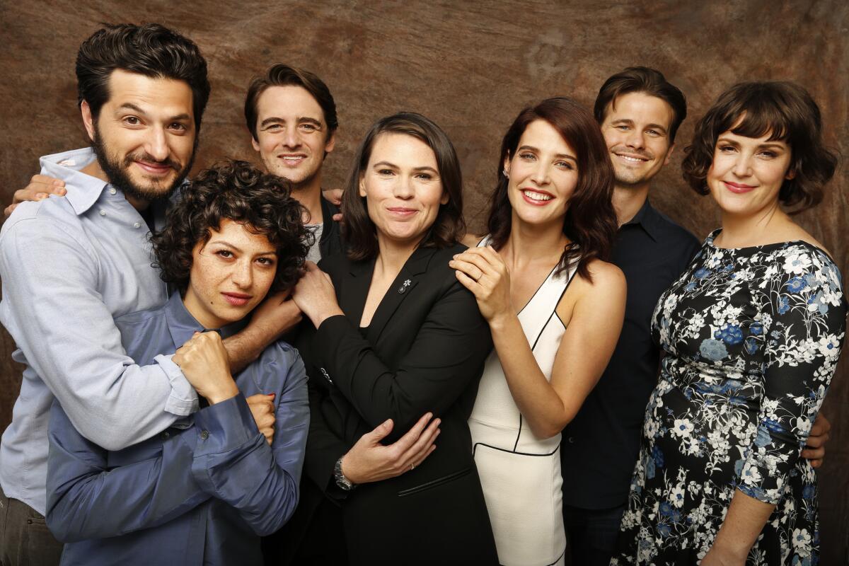 "The Intervention" cast members include Ben Schwartz, from left, Alia Shawkat, Jason Ritter, Clea DuVall, Cobie Smulders, Vincent Piazza and Melanie Lynskey.