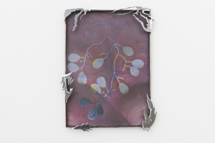 “Picnic at the Garden” by ASMA, 2019. Acrylic, colored pencils, dry pastel on brass with steel frame, 14.5 inches by 10.5 inches.