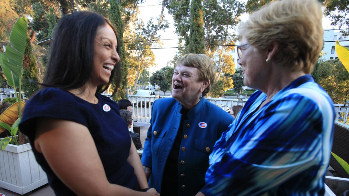 From left, Los Angeles Councilwoman Nury Martinez Sheila Kuehl and Torie Osborn at an election night party in June.