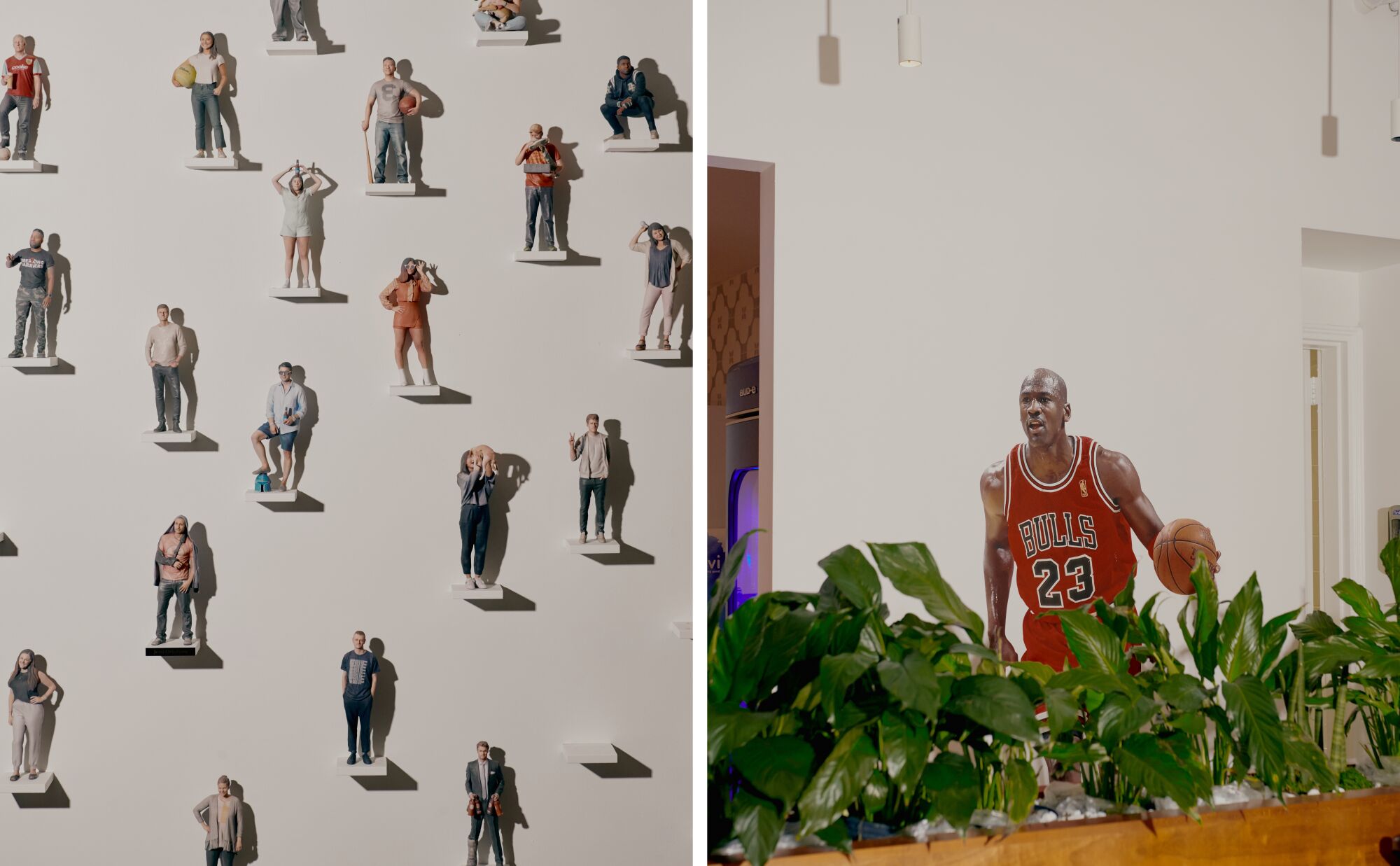 Side-by-side images of figurines of each employee and a poster of Michael Jordan.