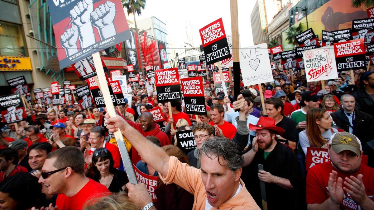 Protesters for the Writers Guild of American demonstrating in 2007 as part of the union's strike.