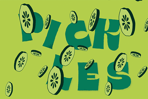 Illustration of the text "Pickles" with falling sliced cucumbers