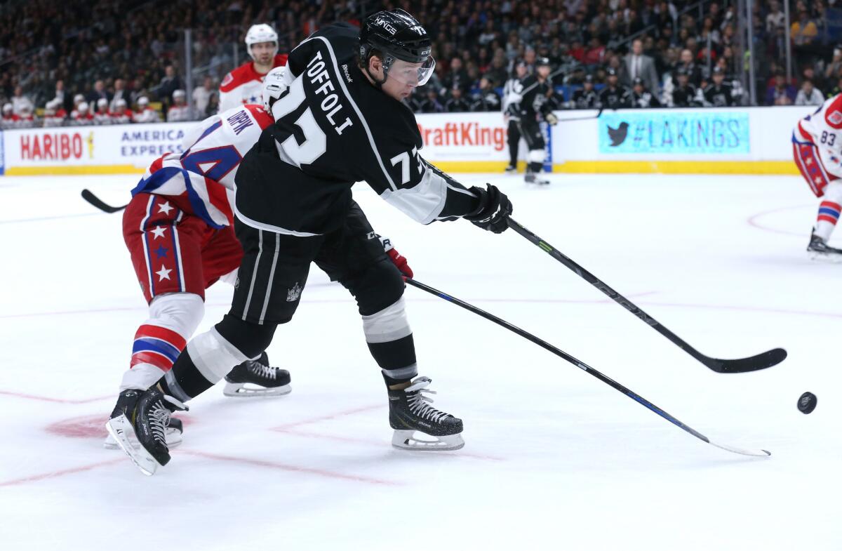 Tyler Toffoli takes a shot during the Kings' 3-1 victory over the Washington Capitals at Staples Center on Saturday night.