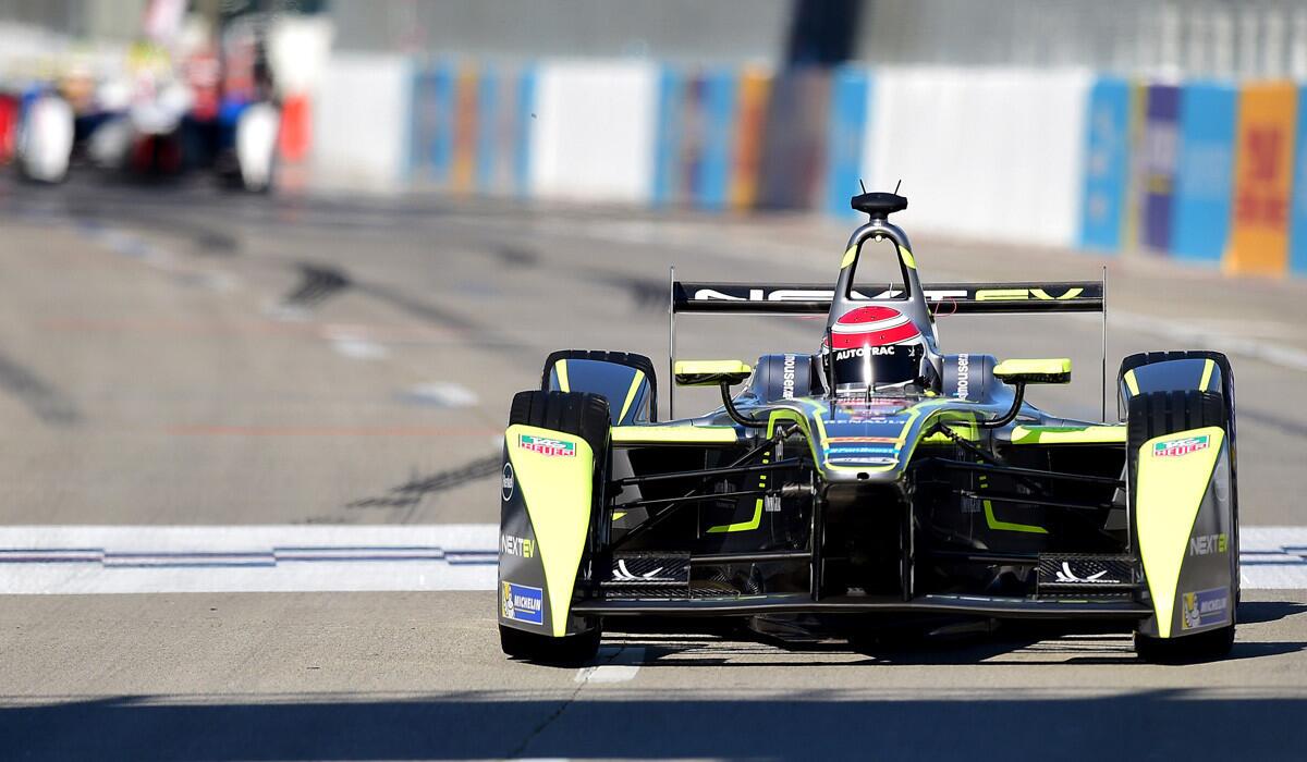 Nelson Piquet Jr. powers the car during the inaugural Formula E Long Beach ePrix race in Long Beach on Saturday.