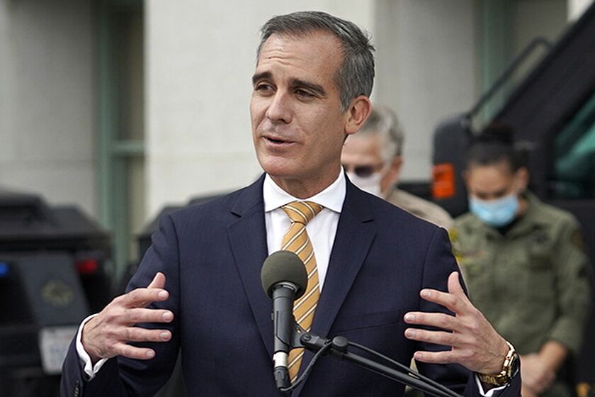 Then-Los Angeles Mayor Eric Garcetti at news conference in 2021.