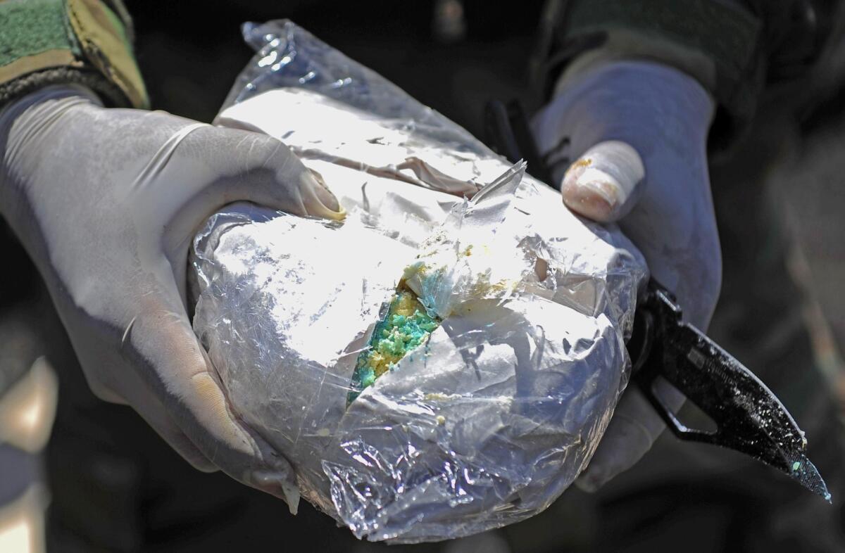 Cocaine's long-term effect on brain cell signaling can be reversed by a common electrical stimulation method used in Parkinson's disease, a new study suggests. Here, a member of Bolivia's anti-narcotics police holds a packet of the drug intercepted in January.