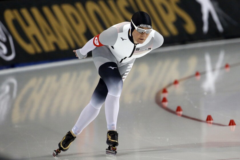 FILE - Germany's Claudia Pechstein competes in the women's 5,000 meters during the world single distances speedskating championships Saturday, Feb. 15, 2020, in Kearns, Utah. At 49, Pechstein will be the oldest woman to compete at a Winter Olympics and the second athlete — and only woman — to compete in eight. (AP Photo/Rick Bowmer, File)