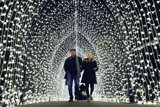 Guests Jack and Marcia Jacobs walk through the Winter Cathedral at Lightscape.