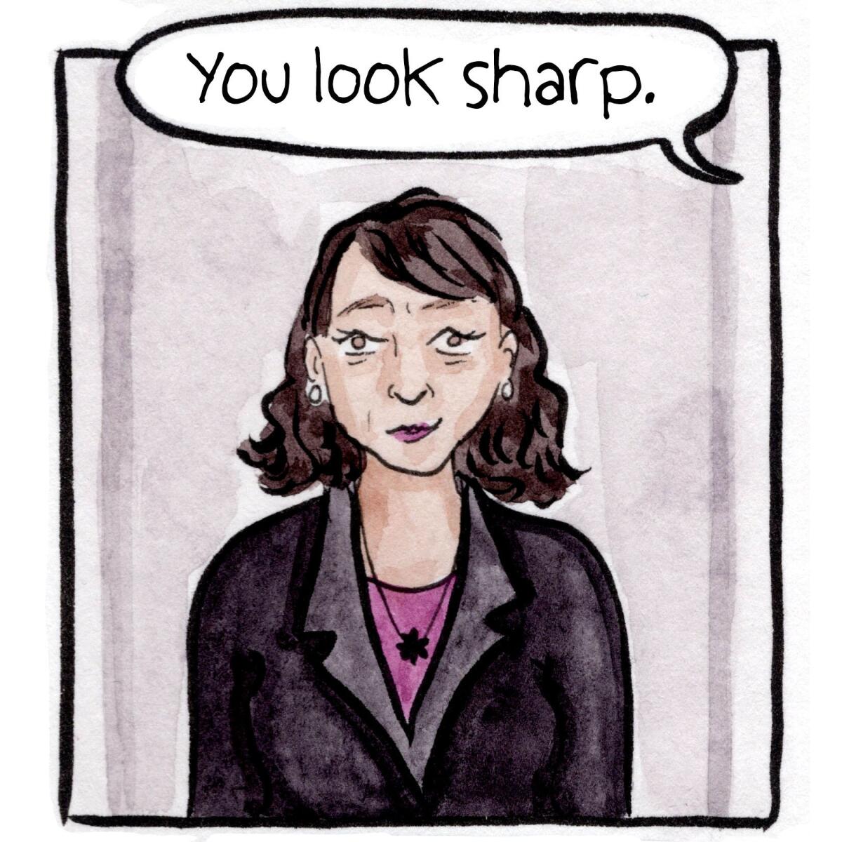 Someone says, "You look sharp," to a woman in a blazer.