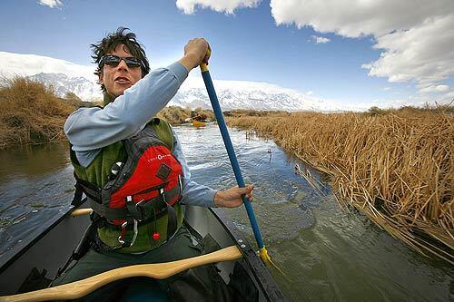 Scientist David Varner of Ecosystems Sciences paddles a canoe on the Lower Owens River, taking in the riparian and wetland ecology. The riverbed was very nearly dry until more than a year ago when aqueduct water began being redirected into the channel in an ambitious restoration project.