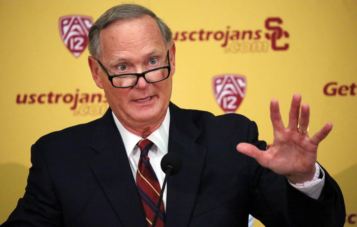 USC Athletic Director Pat Haden speaks at a news conference at the university on Oct. 13.