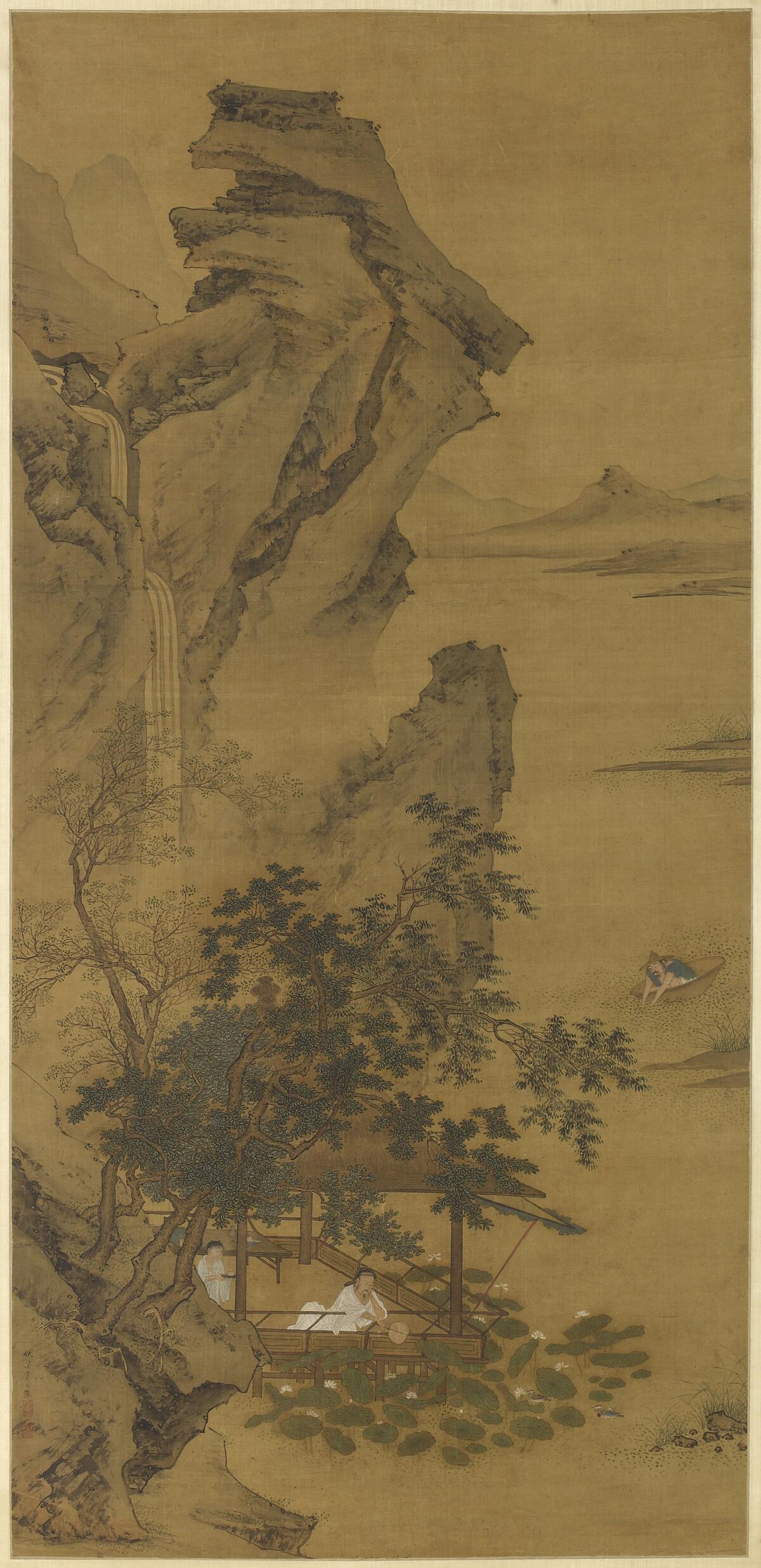 A silk scroll showing a dramatic landscape, a philosopher, a young servant, a lake with a farmer in a boat and a waterfall.