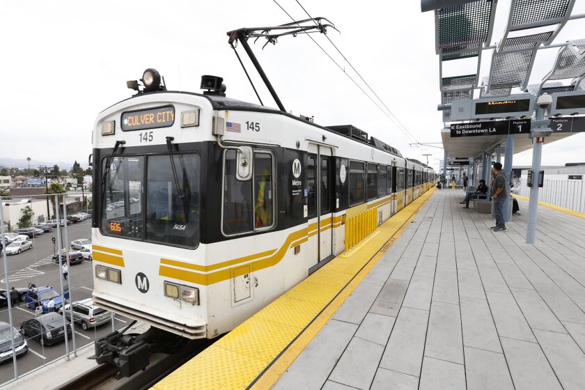 A test train runs between the Culver City Station and downtown Santa Monica on the Expo Line on May 9.