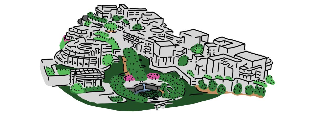 Illustration of the Getty Center, on a hill in Brentwood