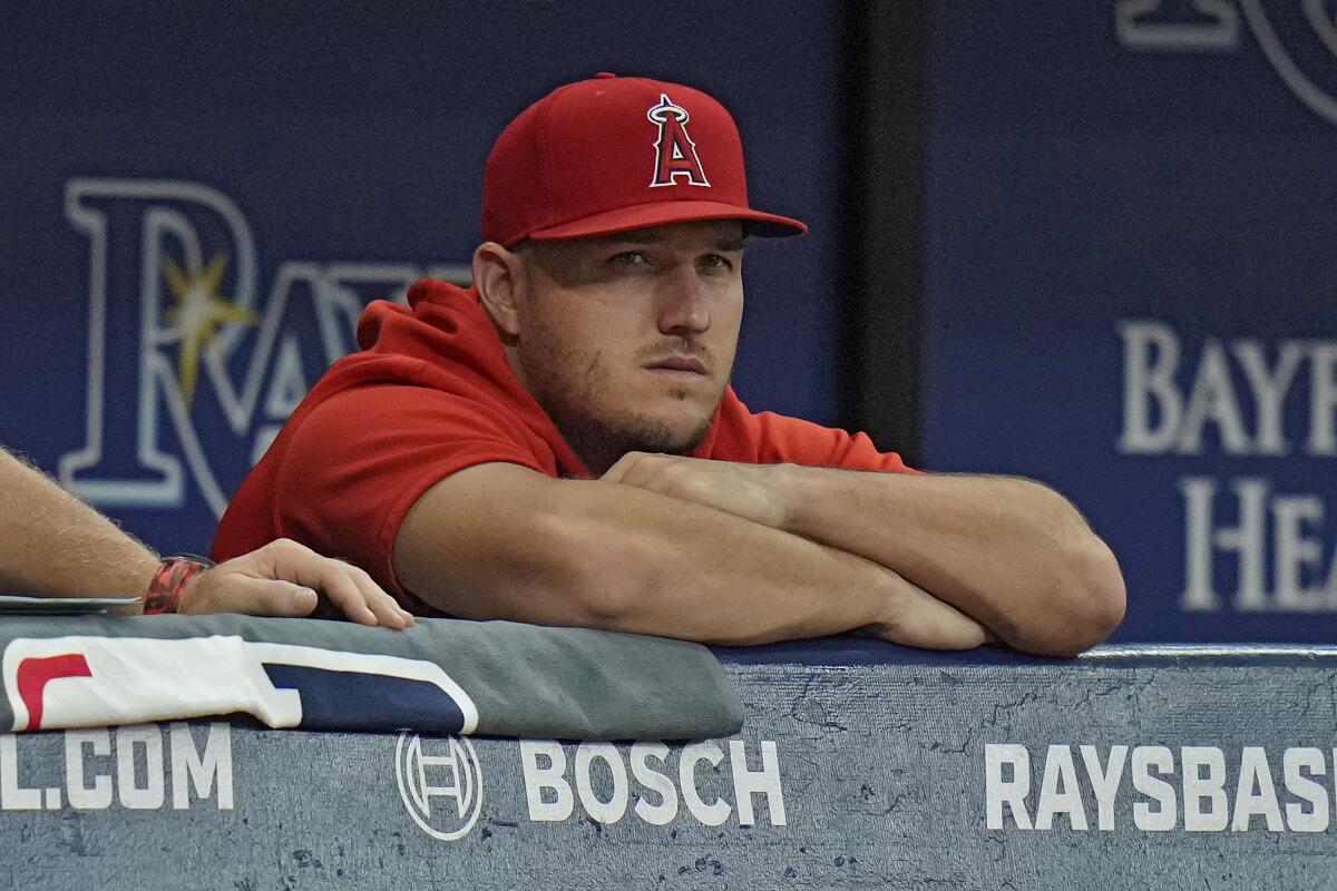 Angels outfielder Mike Trout watches from the bench during a game against the Rays on Sept. 19.