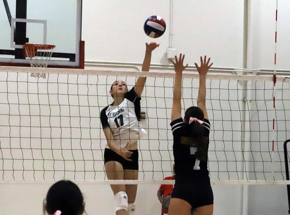 Sage Hill's Addison Uphoff (17), seen Oct. 3, had 13 kills and six aces against Woodbridge. 