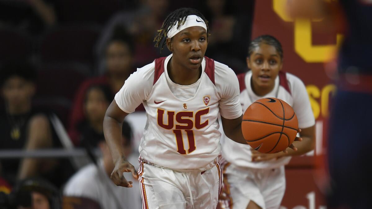 USC guard Aliyah Jeune dribbles the ball while playing against Virginia on Nov. 9.