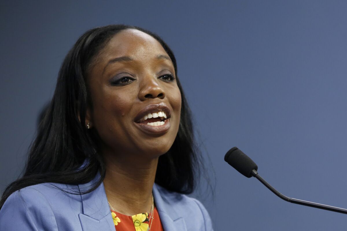 FILE - California Surgeon General Dr. Nadine Burke Harris speaks at a news conference in Sacramento, Calif., Tuesday, June 25, 2019. Burke Harris, who was appointed California's first surgeon general by Gov. Gavin Newsom in January 2019, said Wednesday, Feb. 2, 2022, that she is resigning her position because she is "prioritizing care for myself and my family." (AP Photo/Rich Pedroncelli, File)