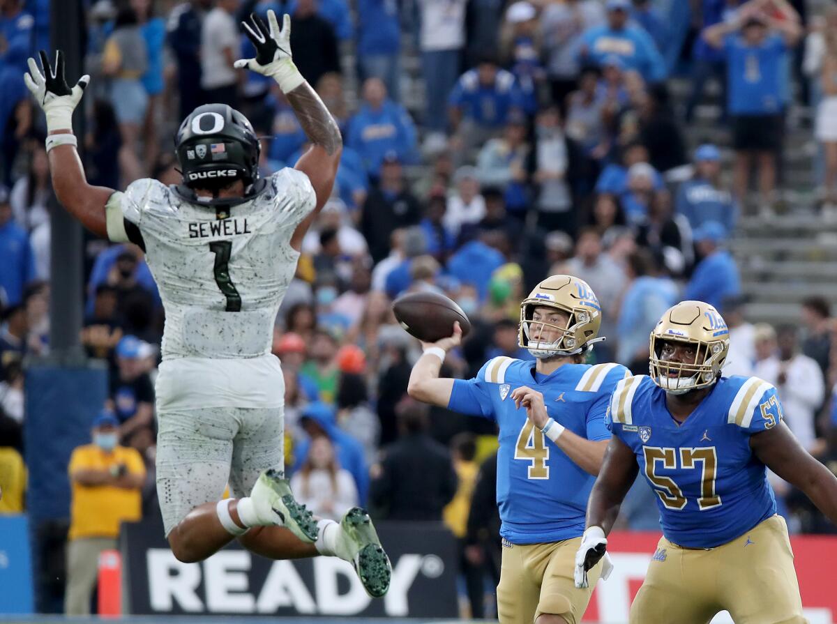 UCLA quarterback Ethan Garbers passes against Oregon on Oct. 23.