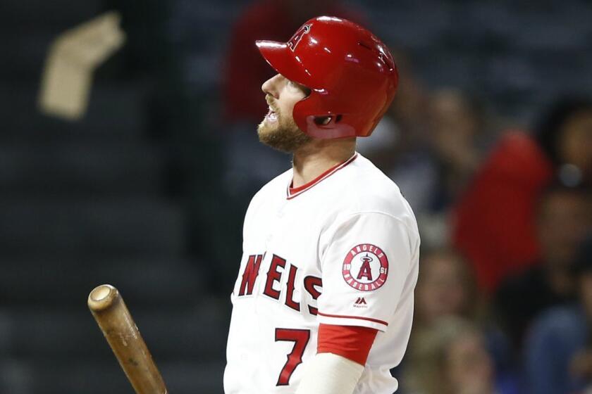 ANAHEIM, CALIFORNIA - APRIL 09: Zack Cozart #7 of the Los Angeles Angels of Anaheim reacts to a called third strike during the seventh inning of a game against the Milwaukee Brewersat Angel Stadium of Anaheim on April 09, 2019 in Anaheim, California. (Photo by Sean M. Haffey/Getty Images) ** OUTS - ELSENT, FPG, CM - OUTS * NM, PH, VA if sourced by CT, LA or MoD **