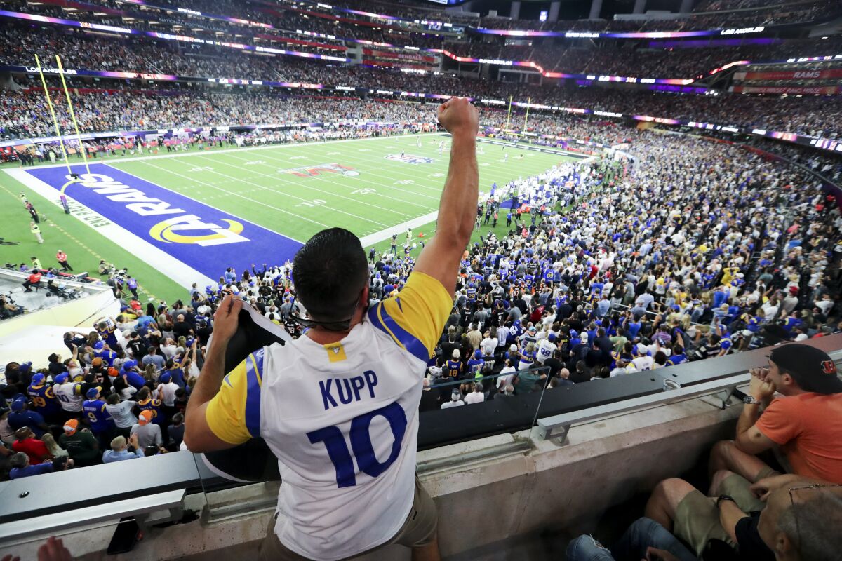 A Los Angeles Rams fan at Sofi.