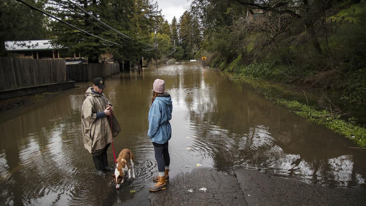 Forestville residents are completely cut off from the town of Guerneville as Mirabel Road is underwater and impassable after the Russian River crested its banks.
