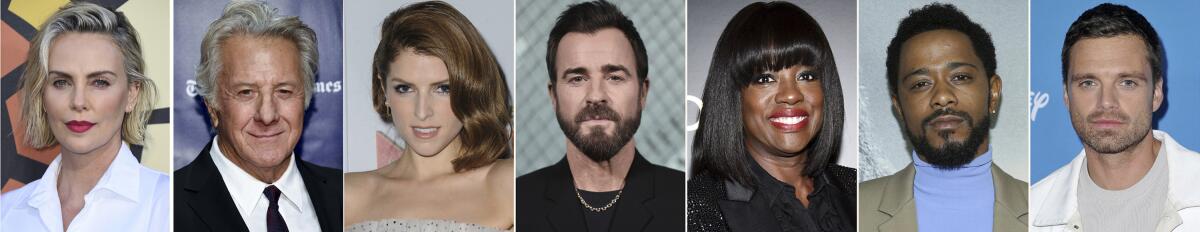 This combination photo of celebrities with birthdays from Aug. 7-13 shows Charlize Theron, from left, Dustin Hoffman, Anna Kendrick, Justin Theroux, Viola Davis, LaKeith Stanfield and Sebastian Stan. (AP Photo)