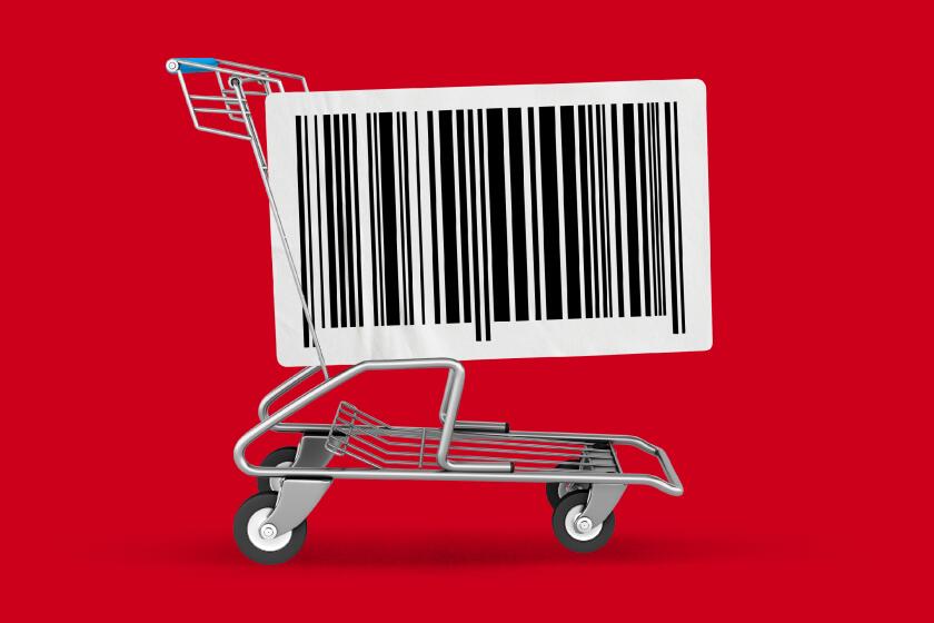 A barcode on a grocery cart with a red background