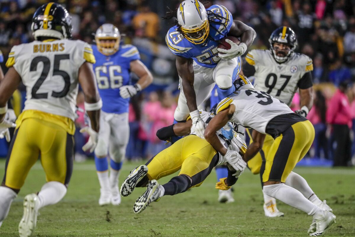 The Chargers' Melvin Gordon doesn't find much running room against the Steelers' defense. 
