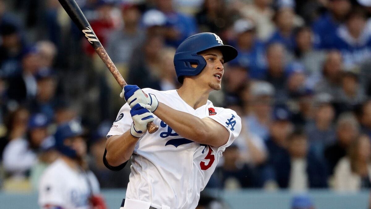 Dodgers shortstop Corey Seager bats during a game against the New York Mets on May 29. Seager is back on the Dodgers' active roster.