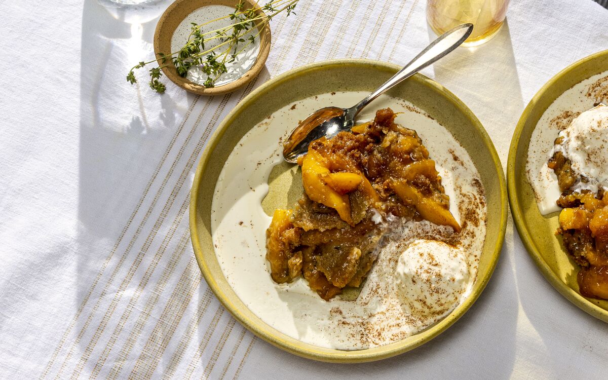 Chef Martin Draluck's yellow peaches with brown sugar and vanilla ice cream