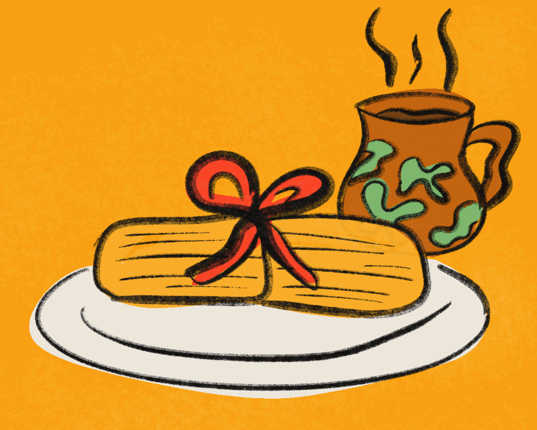 A GIF of an illustration of a tamale on a plate with a bow.