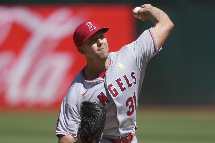 Los Angeles Angels pitcher Tyler Anderson works against the Oakland Athletics.