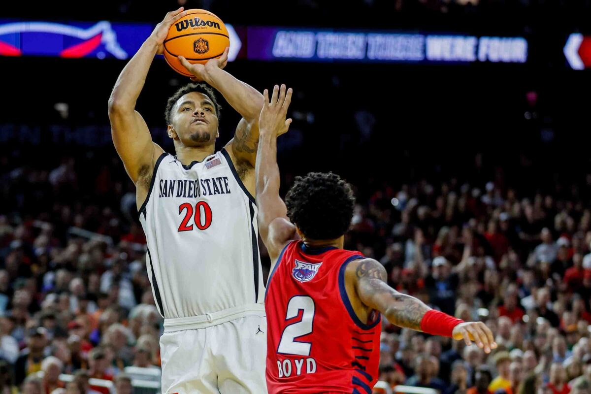 San Diego State Aztecs guard Matt Bradley hits a three pointer during the first half of the semifinal round