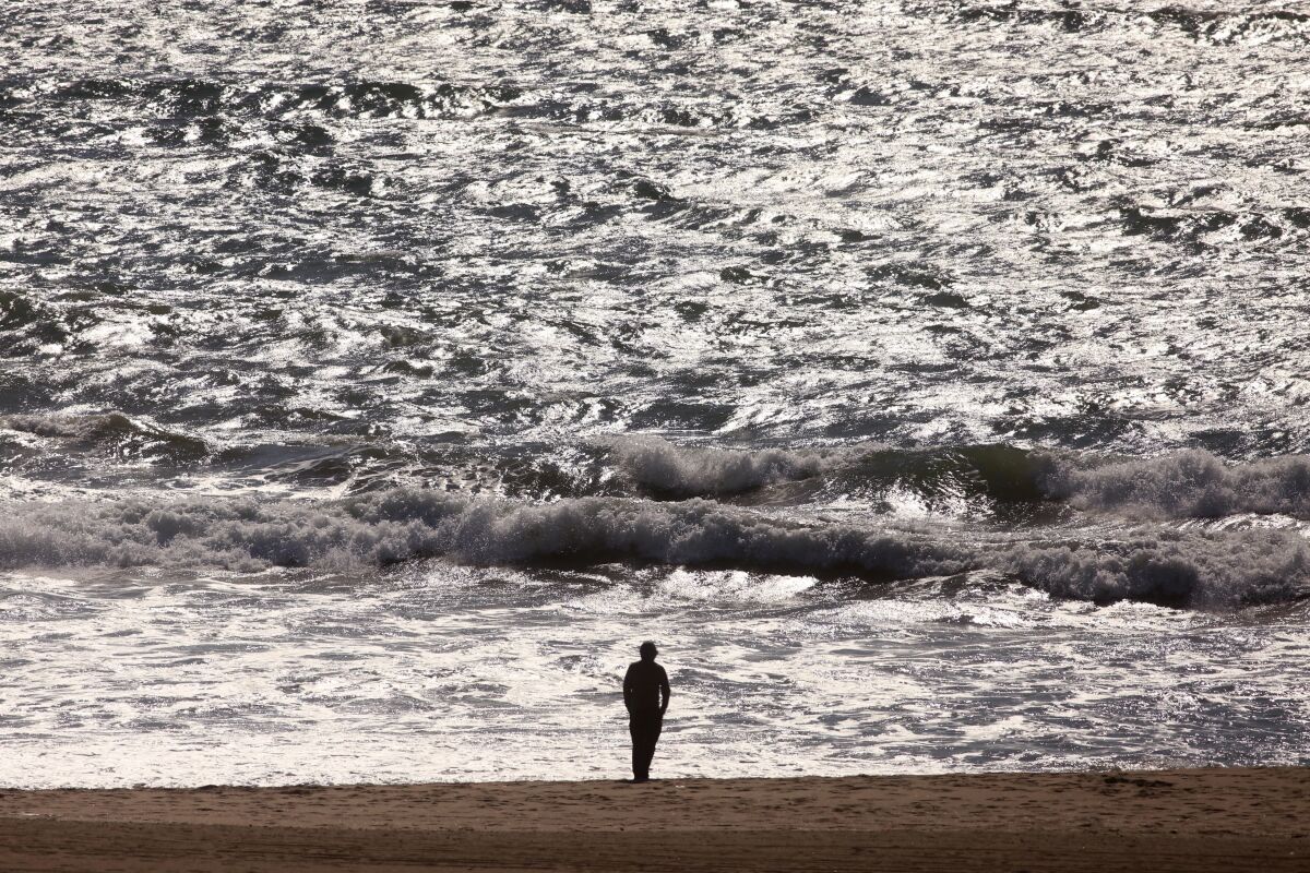 A lone person practices tai chi at Venice Beach, with fewer people out than usual in light of the coronavirus threat.