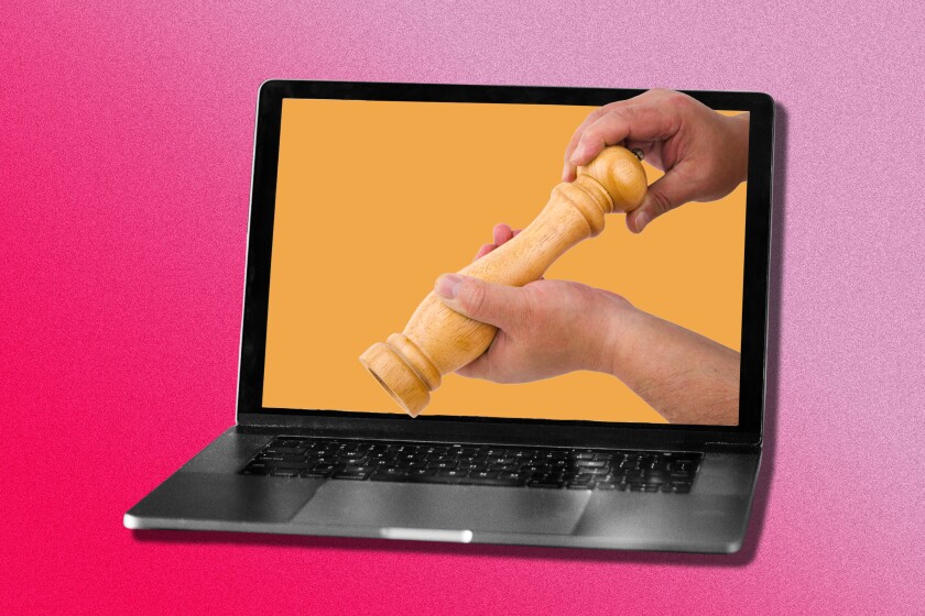 An illustration of a  hand holding a pepper grounder over the keyboard of a laptop