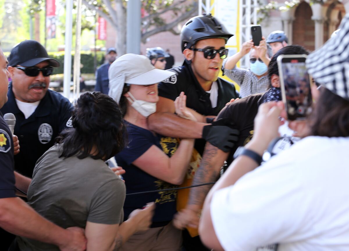 A fight broke out at the Los Angeles Times Festival of Books during archeologist Richard Hansen's talk.