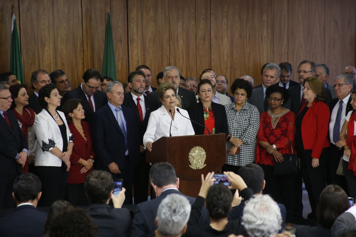 Suspended Brazilian president Dilma Rousseff addresses supporters on May 11.