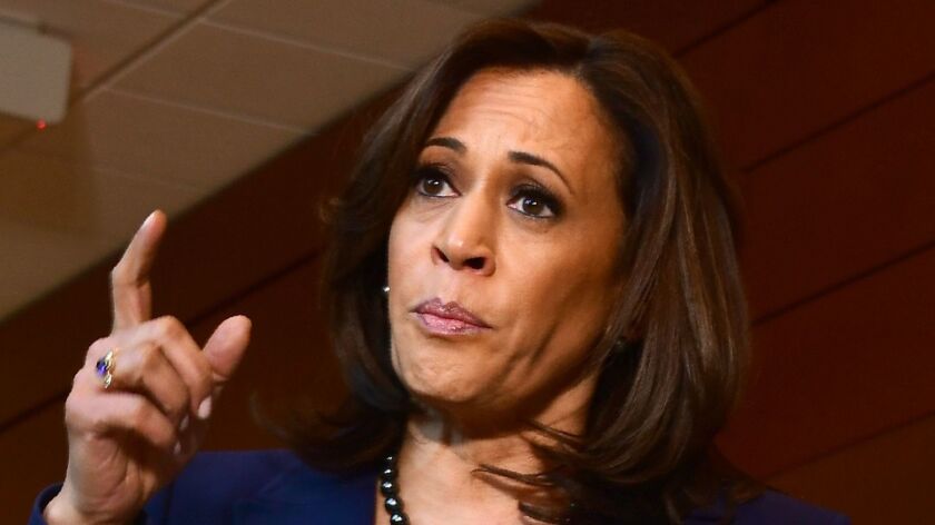 Sen. Kamala Harris (D-Calif.), shown addressing the media Jan. 21, 2019, in Washington, caused a stir on Monday by saying she would support eliminating private health insurance plans.