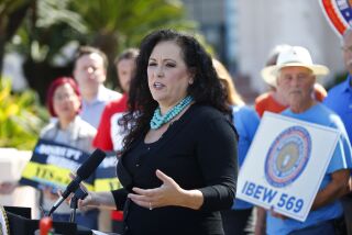 Assemblywoman Lorena Gonzalez speaks at a news conference in San Diego on August 29, 2019 supporting Assembly Bill 5, which would make some independent contractors employees of the companies they work for under certain conditions.