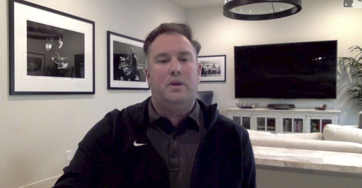 This screen grab from a Zoom call shows new New York Mets general manager Jared Porter in December 2020.