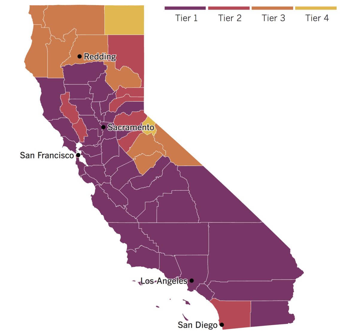 A map of California showing counties by which tier they're in under the state's system of coronavirus reopening rules.
