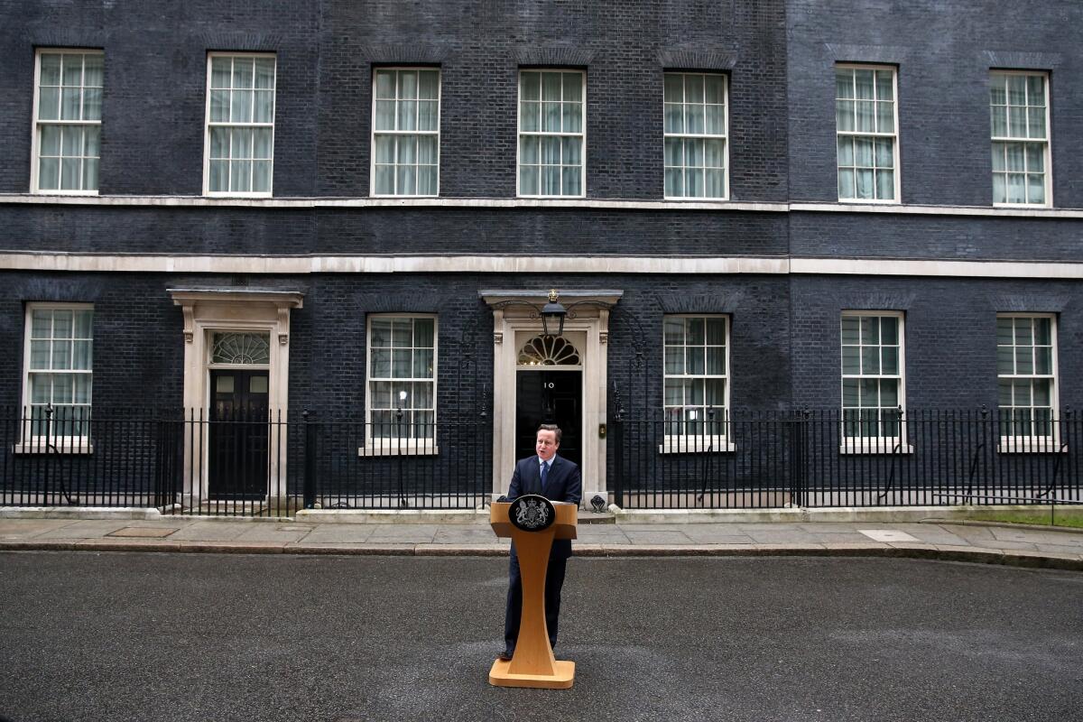 British Prime Minister David Cameron speaks outside Downing Street in London.