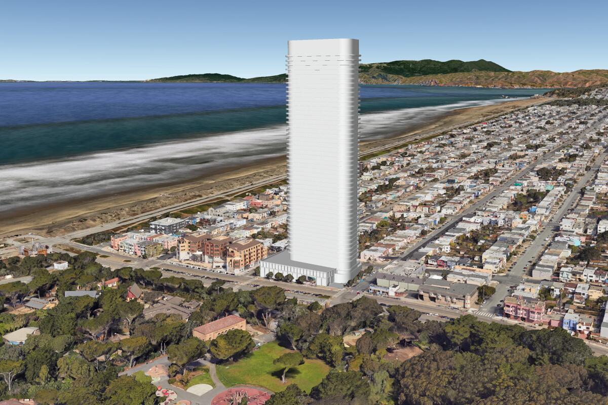 An artist rendering of the proposed 55-story tower at 2700 Sloat Blvd. in San Francisco's Outer Sunset neighborhood.